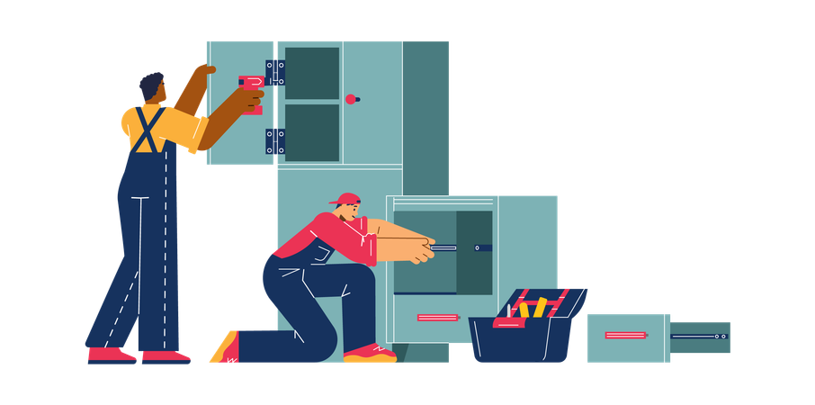 Two workers with screwdriver and turn-screw assembling closet  Illustration