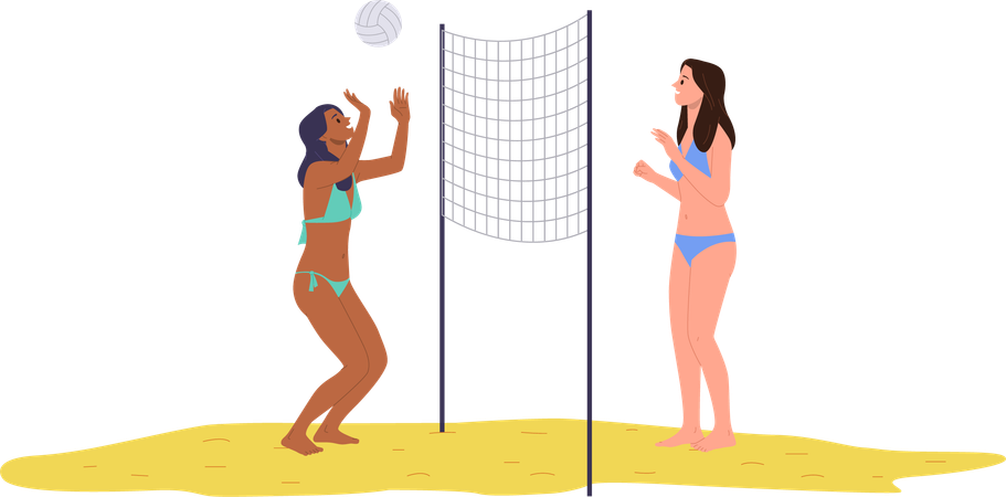 Two young female friends wearing bikini swimwear playing beach volleyball  Illustration