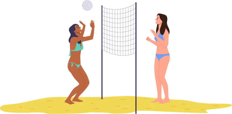 Two young female friends wearing bikini swimwear playing beach volleyball  Illustration