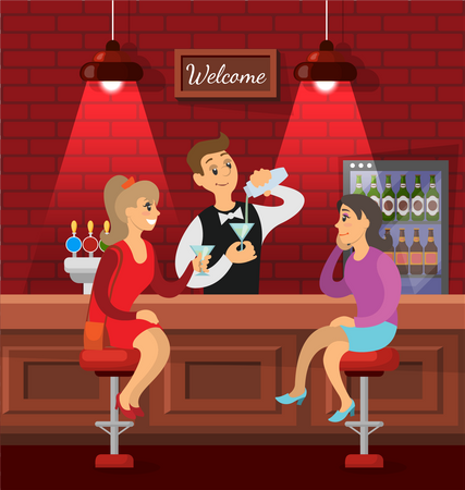 Two young girls enjoying drink in bar  Illustration