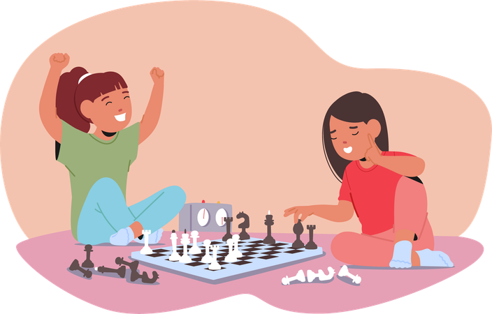 Two Young Girls Playing Chess  Illustration