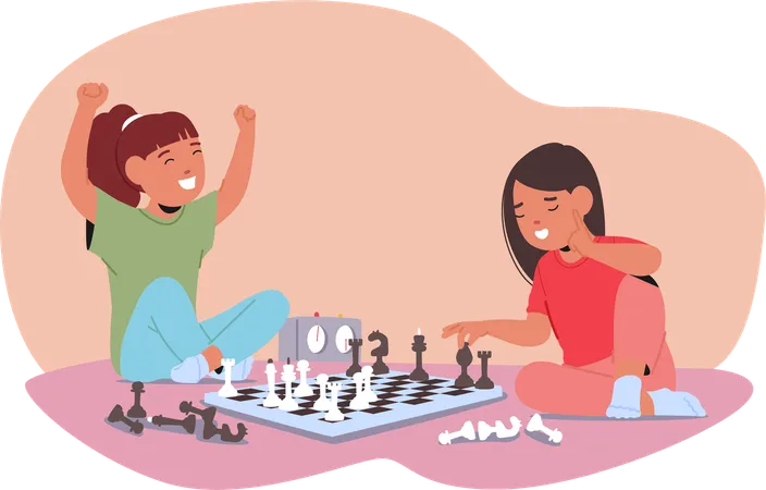 Two Young Girls Playing Chess  Illustration