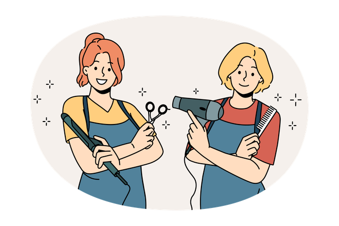 Two young girls wearing aprons standing holding working tools in hairdressing salon  Illustration