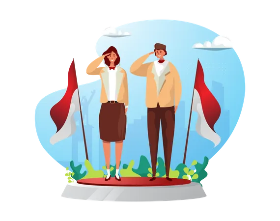 Two young Indonesian celebrating independence day Illustration