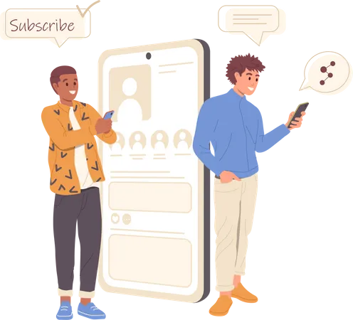 Two Young Man Characters Using Smartphone To Surf On Internet Subscribe On Blogger Leaving Comments Sharing And Chatting With Friends In Social Media Network Vector Illustration Online Community Illustration