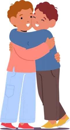 Two Young Pals Share A Heartfelt Hug In A Warm Embrace Boys Characters Radiating Joy And Friendship Their Laughter Echoes The Pure Bond Of Childhood Camaraderie Cartoon People Vector Illustration 일러스트레이션