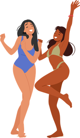 Two Young Women Enjoying Beach Party  Illustration