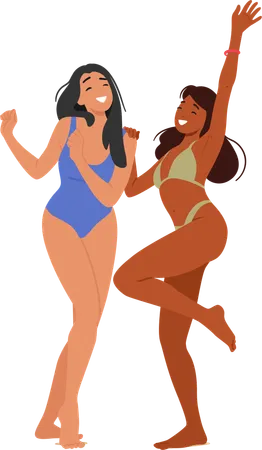 Two Young Women Enjoying Beach Party  Illustration