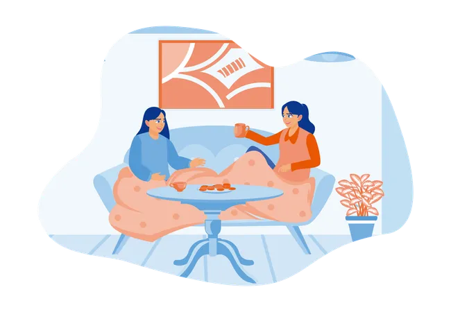 Two young women sitting on the sofa with blankets at their feet laugh enjoying the house in winter while drinking tea with cakes  Illustration