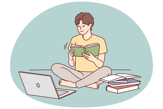 Mann arbeitet am Laptop und liest Bücher  Illustration