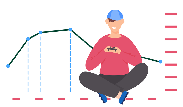 Typ mit Gamepad in der Hand sitzt neben Balkendiagramm  Illustration