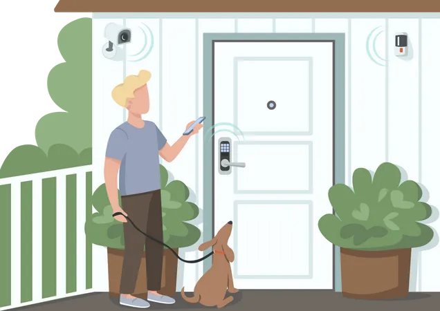 Typ nutzt Smart-Home-Sicherheit  Illustration