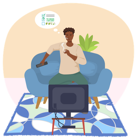 Typ sitzt auf der Couch, raucht Zigarette und sieht fern  Illustration