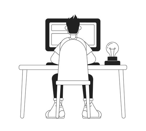 Typ sitzt mit Computer am Tisch  Illustration