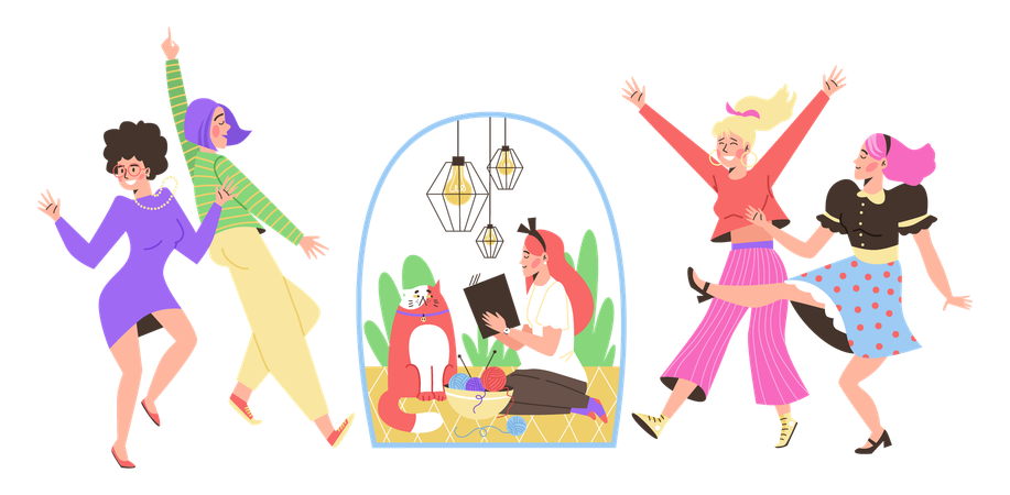 Arten menschlicher Persönlichkeit, Temperament, Verhalten, extrovertiert und introvertiert  Illustration