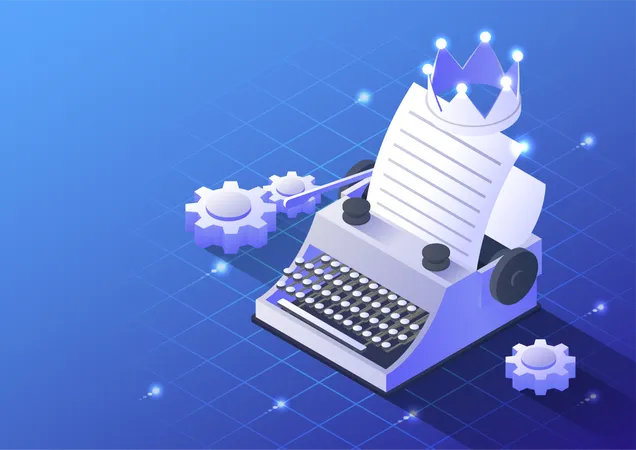 3 D Isometric Web Banner Typewriter With A Crown And Paper Sheet On Blue Gradient Background Content Is King And Marketing Concept Illustration