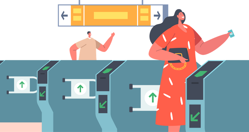 U-Bahn-Passagiere scannen elektronische Zugfahrkarte am Drehkreuz Eingang  Illustration