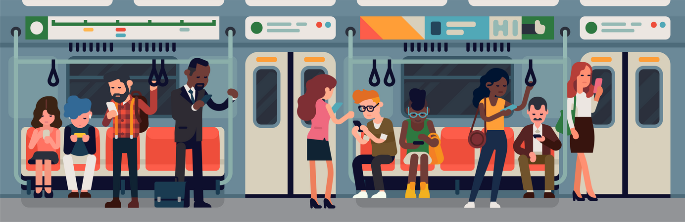 U-Bahn oder U-Bahn-Wagen-Innenraum mit Menschen  Illustration