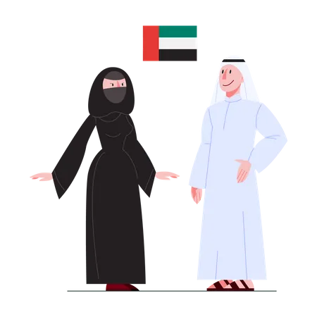 UAE citizen in national costume with a flag  Illustration