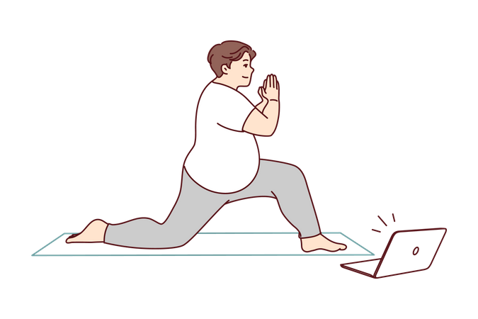 Übergewichtiger Mann praktiziert Yoga nach Online-Tutorial  Illustration