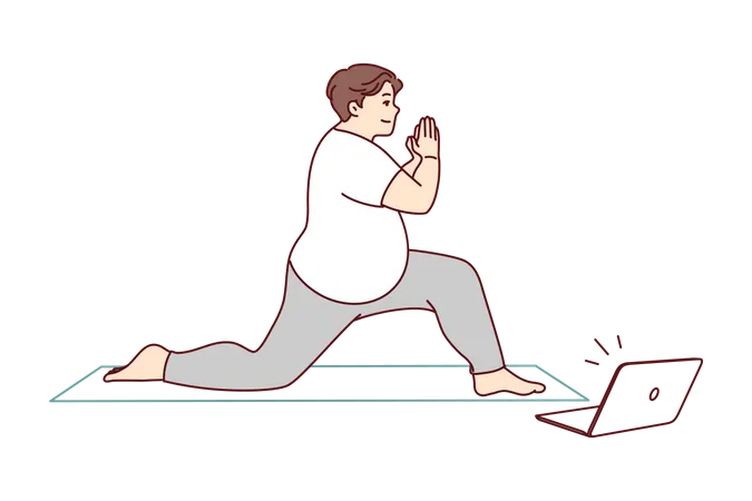 Übergewichtiger Mann praktiziert Yoga nach Online-Tutorial  Illustration