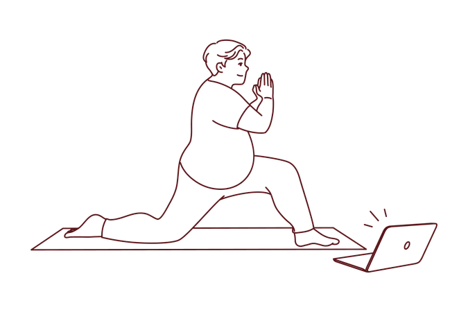 Übergewichtiger Mann praktiziert Yoga nach Online-Tutorial  Illustration