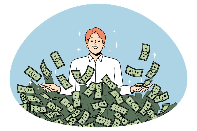 Überglücklicher junger Geschäftsmann mit einem Stapel Dollarnoten feiert finanziellen Erfolg  Illustration