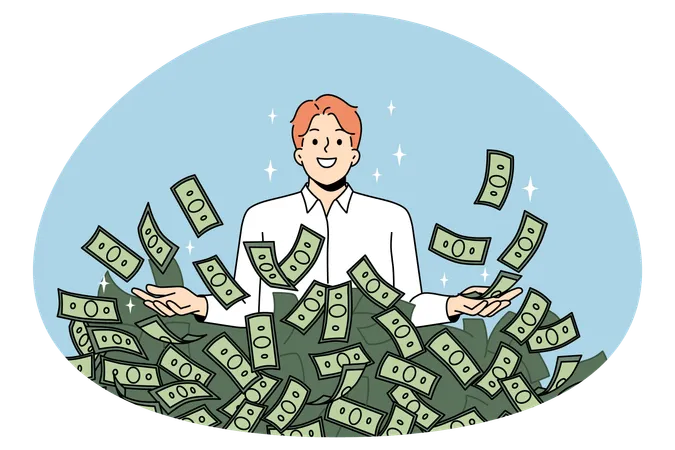 Überglücklicher junger Geschäftsmann mit einem Stapel Dollarnoten feiert finanziellen Erfolg  Illustration