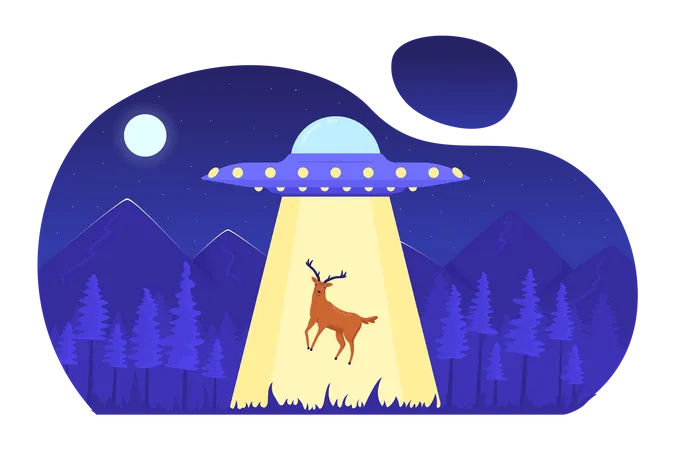 UFO abducting deer in night forest  Illustration