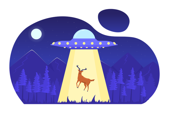 UFO abducting deer in night forest  Illustration