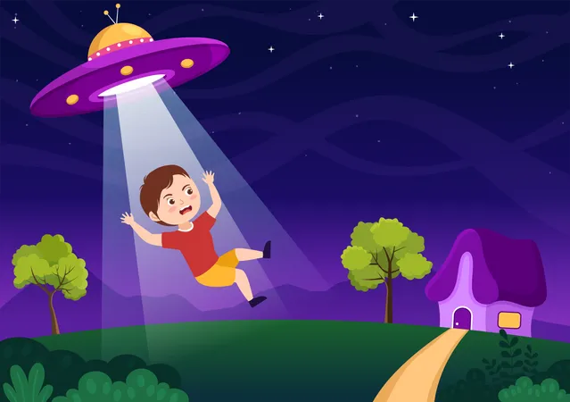 UFO Flying Spaceship With Rays Of Light In Sky Night City View And Alien In Flat Cartoon Hand Drawn Templates Illustration UFO Flying Spaceship With Flying Saucer Over The City Sky Abducts Human Or Animals In Flat Cartoon Illustration 일러스트레이션