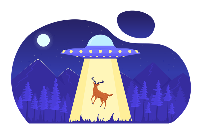 UFO entführt Reh im nächtlichen Wald  Illustration
