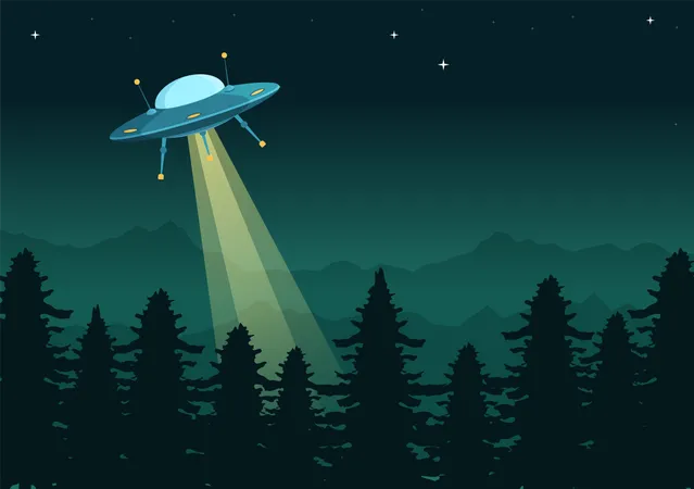 UFO fliegt über Wald  Illustration