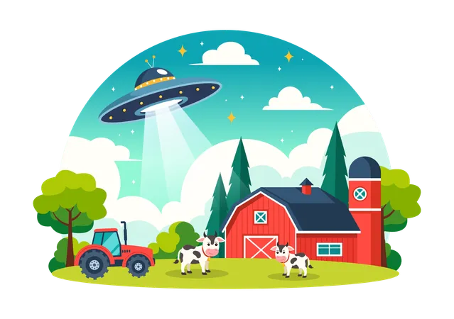 UFO Flying Spaceship Vector Illustration With Rays Of Light In Sky Night City View Abducts Human And Alien In Flat Kids Cartoon Background Design Illustration