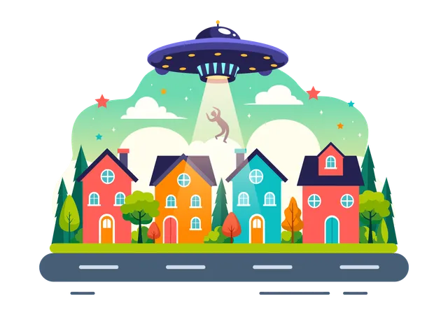 UFO Flying Spaceship Vector Illustration With Rays Of Light In Sky Night City View Abducts Human And Alien In Flat Kids Cartoon Background Design Illustration