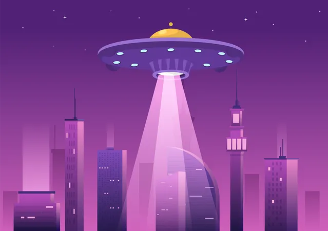 UFO flying above city  イラスト