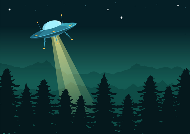 UFO flying above forest  일러스트레이션