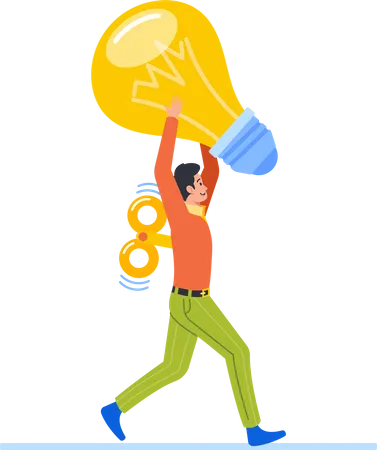 Clockwork Toy Business-Mitarbeiter trägt riesige Glühbirne, symbolisiert Innovation, Kreativität und Vorstellungskraft  Illustration
