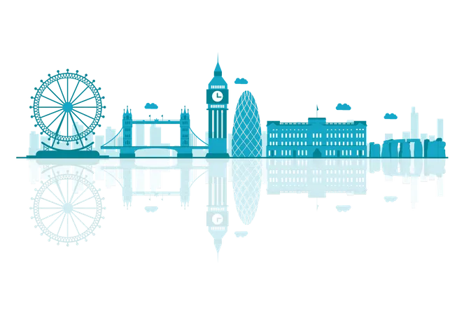 UK Skyline silhouette with reflections  Illustration