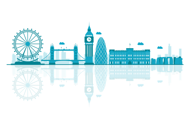 UK Skyline silhouette with reflections  Illustration