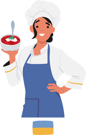 Ukrainian Woman Chef Proudly Presents A Steaming Bowl Of Vibrant Borsch  Illustration
