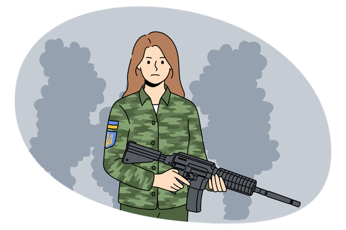 Ukrainian woman soldier in uniform hold gun  Illustration