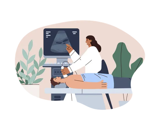 Ultrasound Scan And Examination Of Thyroid Glands Flat Vector Illustration On White Background Endocrinologist With Sonographer Checks Neck Of Patient Healthcare And Ultrasonic Diagnosis イラスト