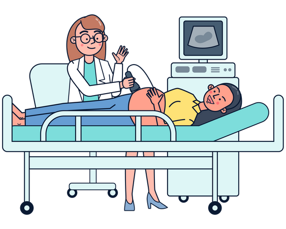 Ultrassonografista examinando paciente  Ilustração