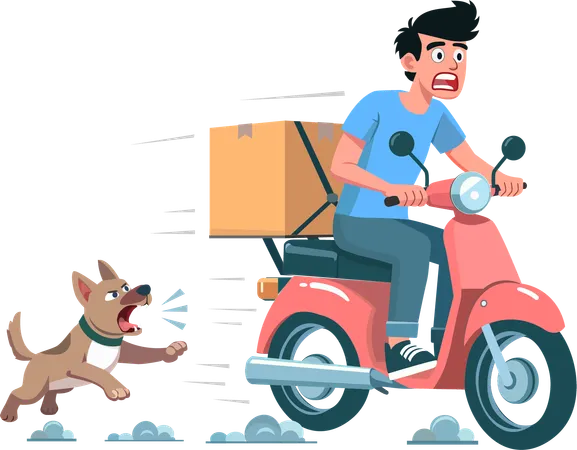 Um cão persegue um homem que conduz uma motocicleta ou uma scooter como entregador  Ilustração