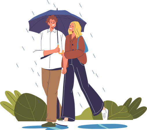 Um casal de personagens apaixonados encontra consolo sob um guarda-chuva compartilhado  Ilustração