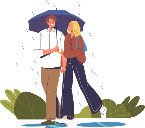 Um casal de personagens apaixonados encontra consolo sob um guarda-chuva compartilhado  Ilustração