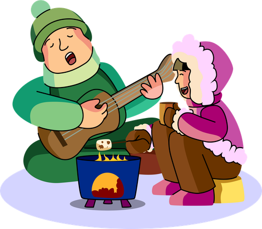 Um casal aproveita uma noite romântica de inverno com música e marshmallows perto da lareira  Ilustração