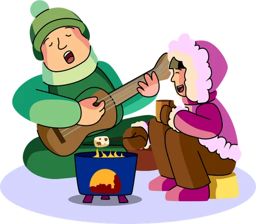 Um casal aproveita uma noite romântica de inverno com música e marshmallows perto da lareira  Illustration