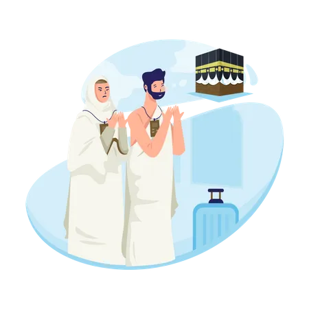 Um casal muçulmano realiza a peregrinação islâmica do Hajj  Ilustração